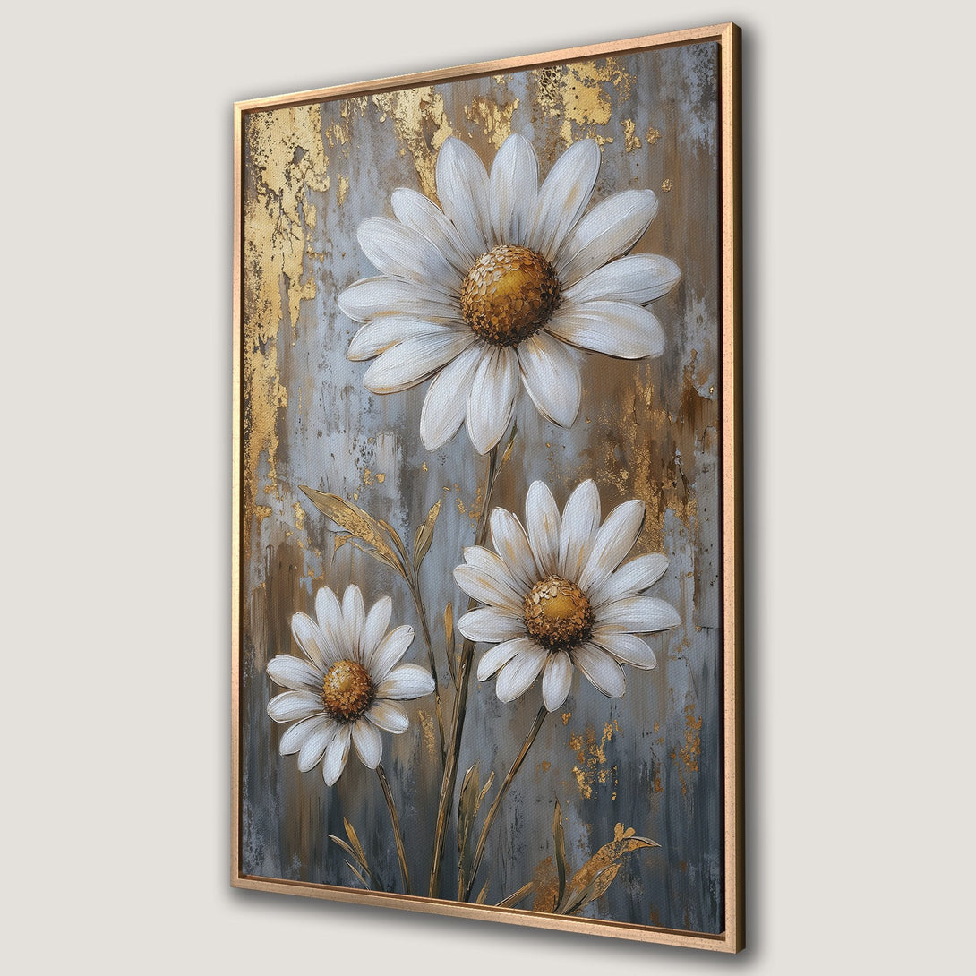 Framed Wall Art featuring textured white daisies with gold accents on a gray and brown background. Elegant floral decor for your home.