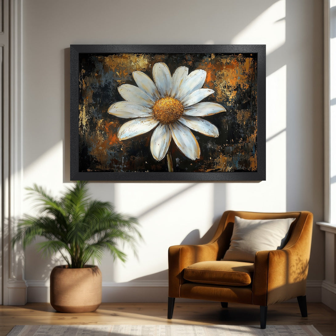 Framed Poster: Large white daisy flower art print with black frame, rustic style, and warm color palette. Perfect for home decor.