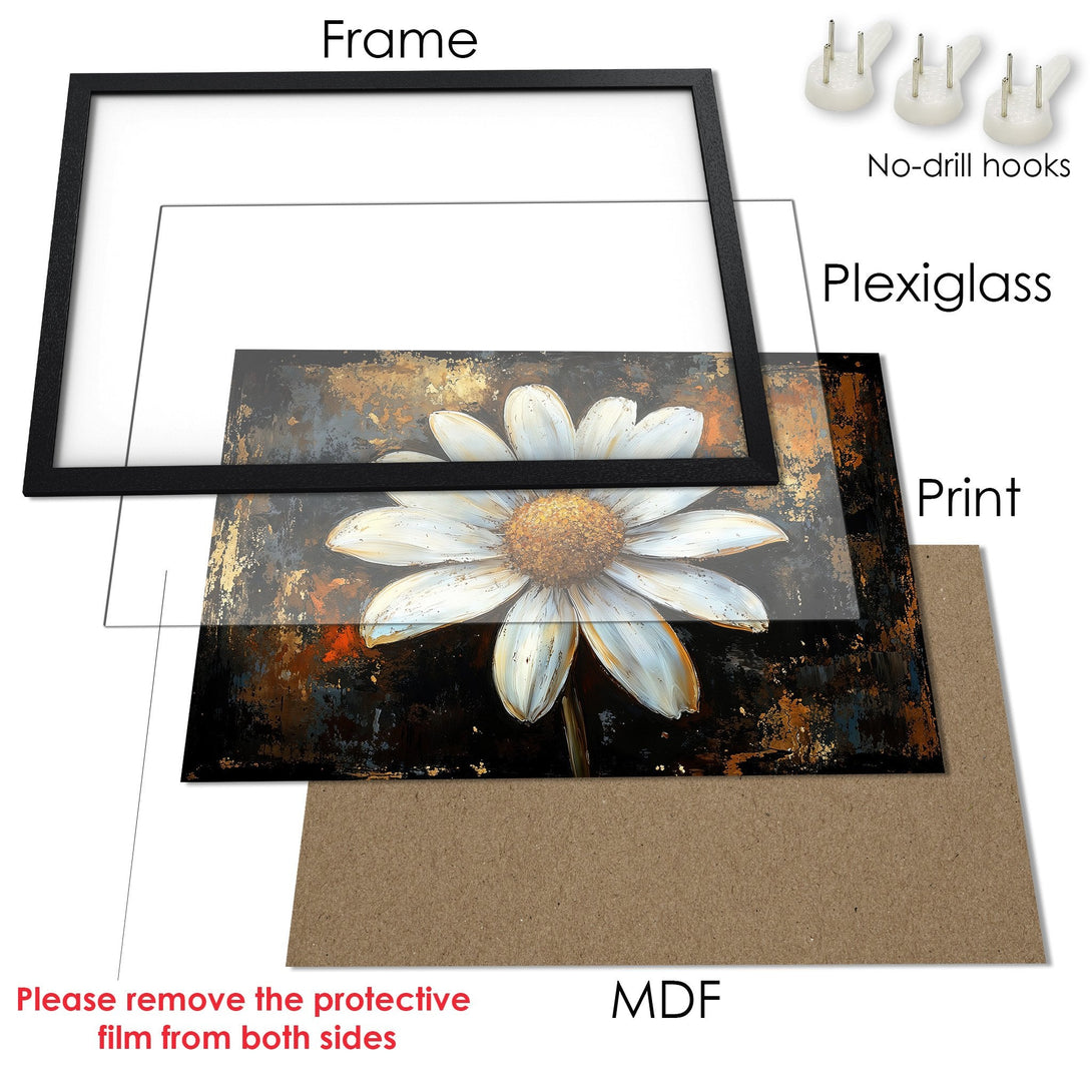 Framed Poster featuring a white daisy painting with gold and black accents. Modern art style, ready to hang!
