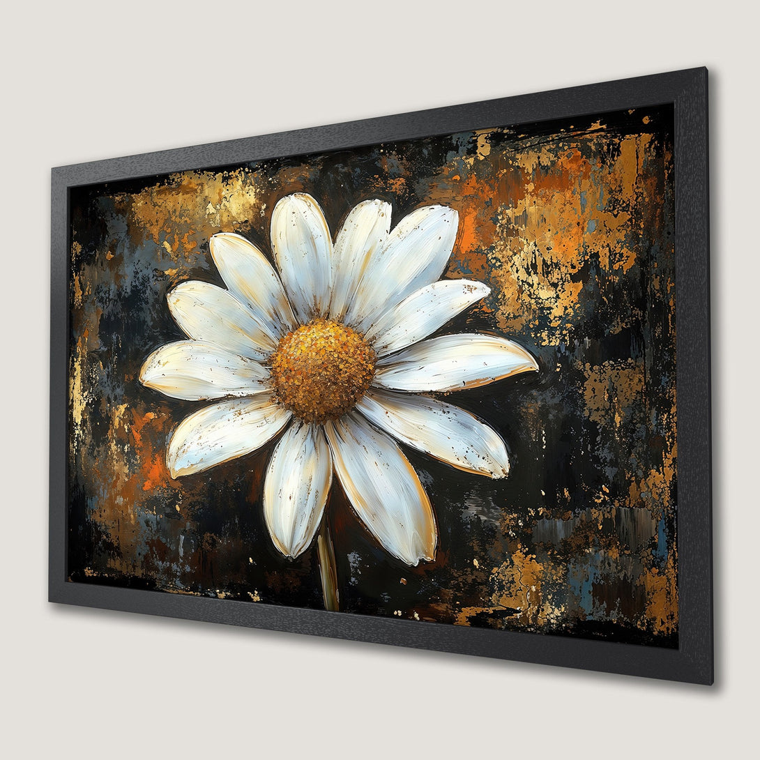 Framed Poster featuring a white daisy on a textured abstract background with gold accents. Modern art style, warm color palette.