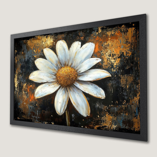 Framed Poster featuring a white daisy on a textured abstract background with gold accents. Modern art style, warm color palette.