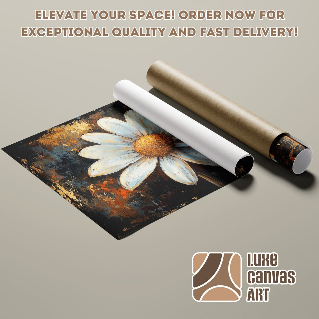 Abstract daisy Poster Roll art in black, gold, and orange. Elevate your space!