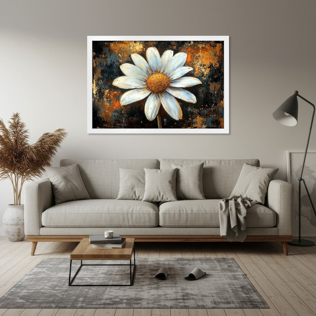Framed Poster of a daisy flower in an abstract style with white, gold, and black color palette, perfect for modern home decor.