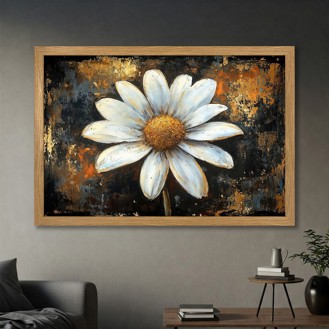 Framed Poster featuring a white daisy painting with textured brushstrokes, set against a dark, gold, and orange background. Modern art for your home!