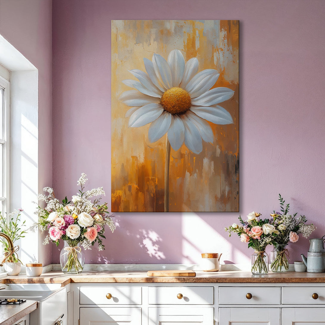 Framed Wall Art: Large daisy flower painting in warm yellow and white tones. Modern abstract style, perfect for living room decor.