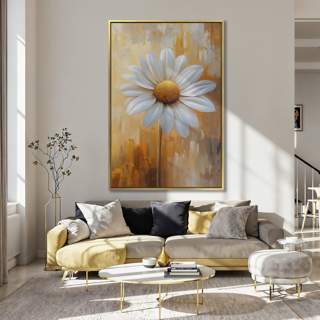 Canvas Print of a large daisy flower in an abstract style, with a warm yellow and white color palette, perfect for kitchen decor.