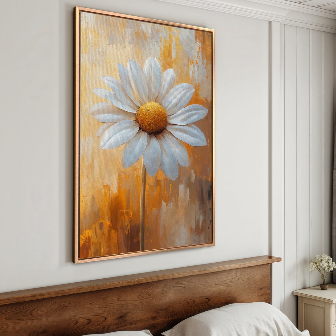 Framed Wall Art: Stunning daisy painting in warm yellow and white tones. Perfect floral art for bedroom decor. Add a touch of elegance with this canvas print!