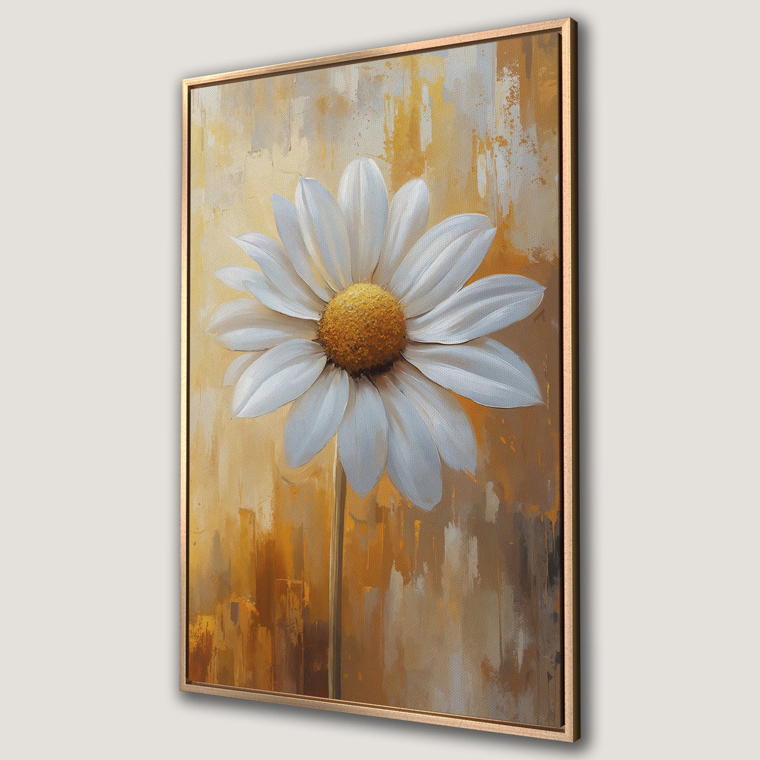 Framed Wall Art: Abstract daisy painting in warm yellow and white tones. Perfect floral art for your home. Add a touch of elegance to your space!