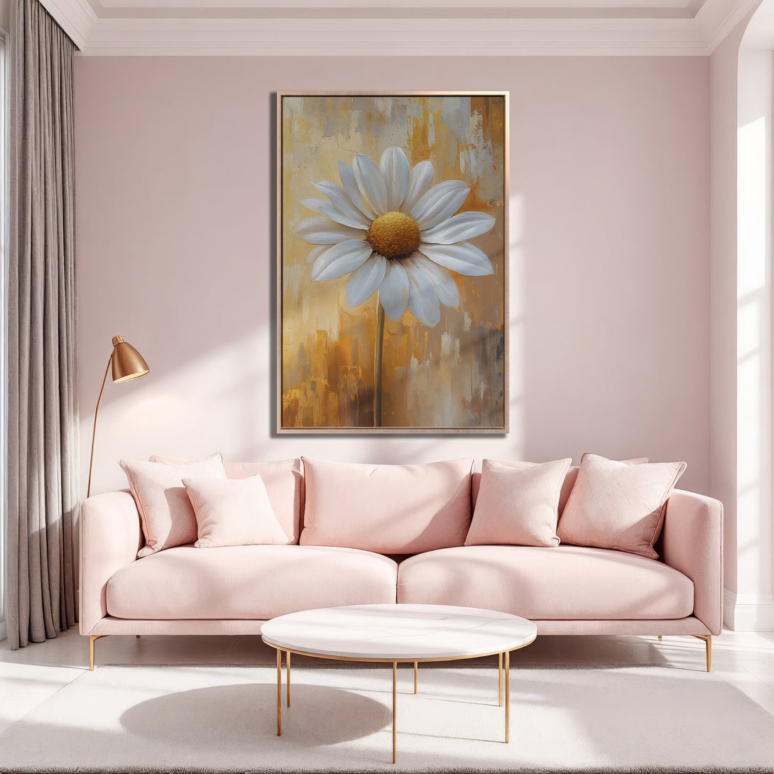 Framed Wall Art featuring a large daisy painting in a gold frame, displayed in a modern living room with a pink and gold color palette.