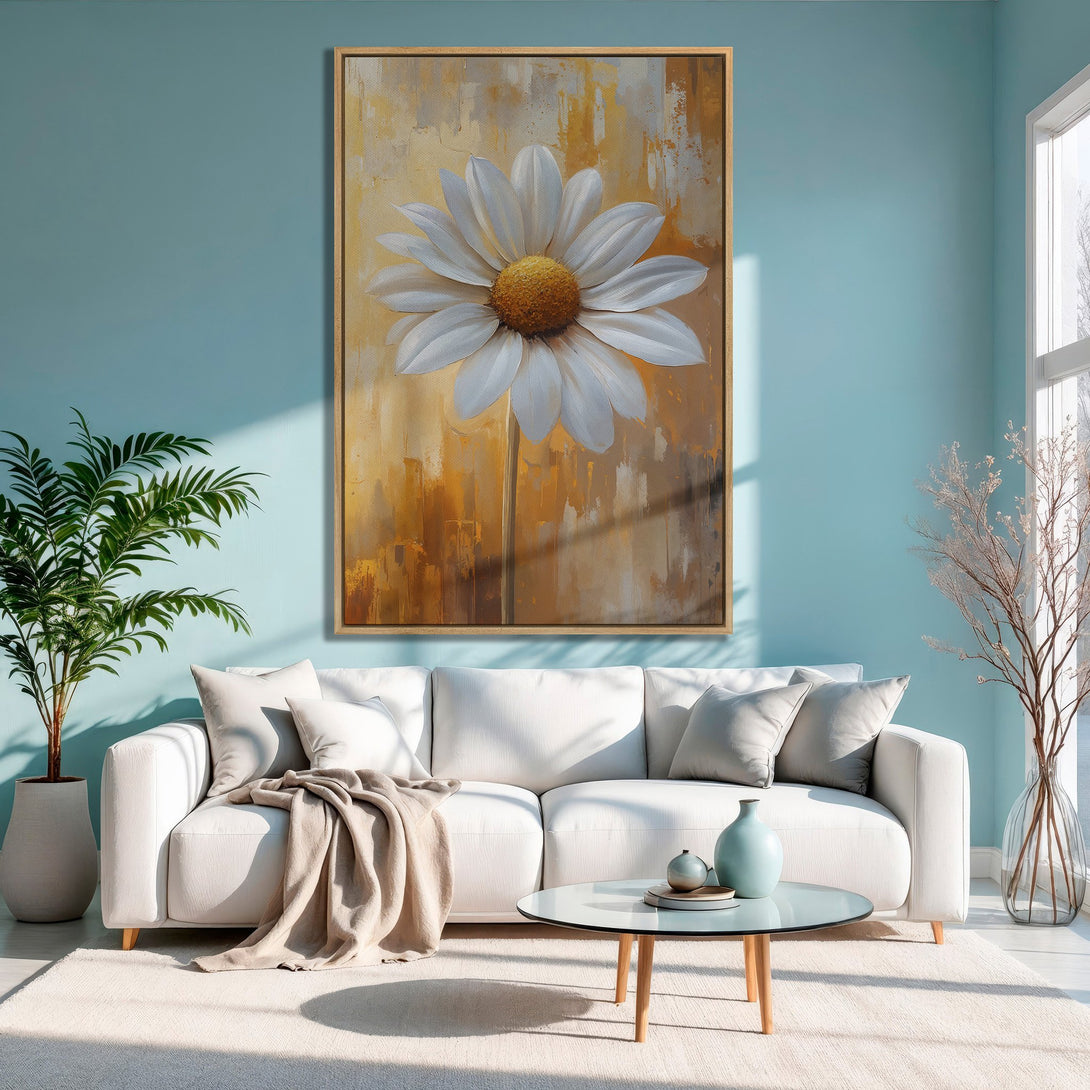 Framed Wall Art: Large daisy canvas print with a warm, neutral palette. Modern floral art for a calming interior.