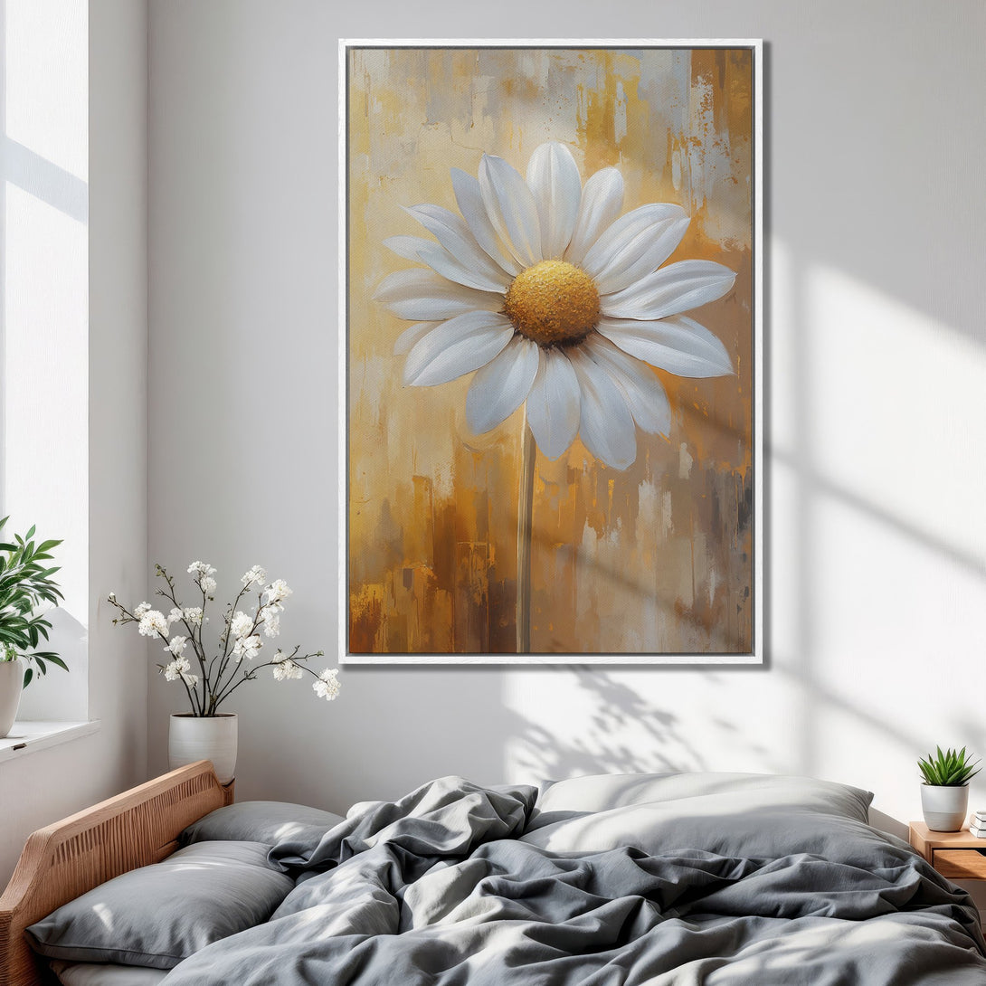 Framed Wall Art featuring a large daisy flower in an abstract style with a warm yellow and white color palette. Perfect bedroom decor!