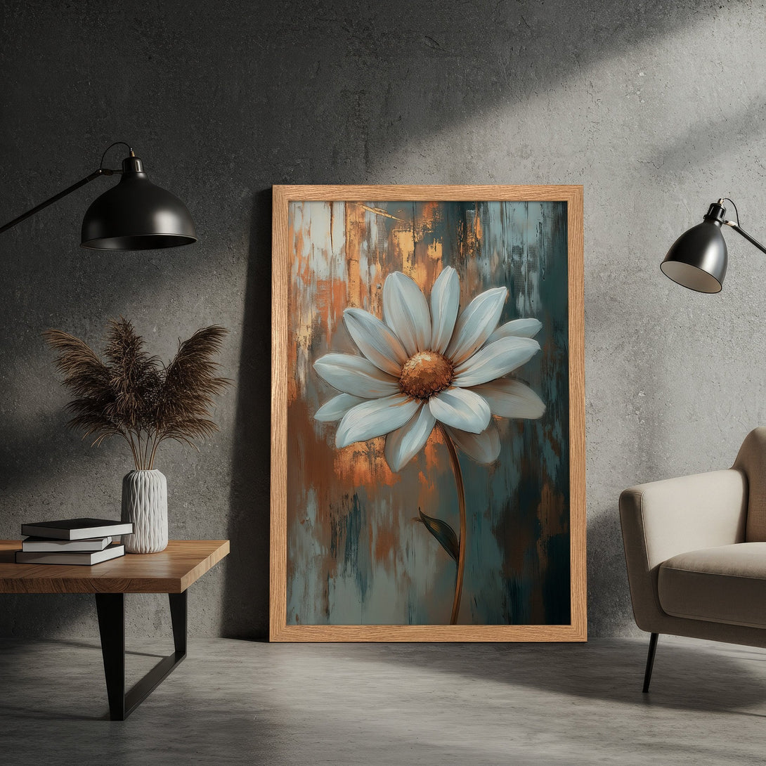 Framed Poster featuring a white daisy flower art print in a modern style with a teal, gold, and brown color palette.