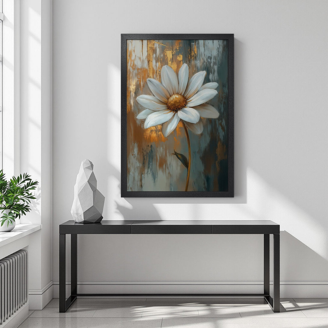 Framed Poster featuring a white daisy painting with gold and teal accents. Perfect wall art for modern decor.
