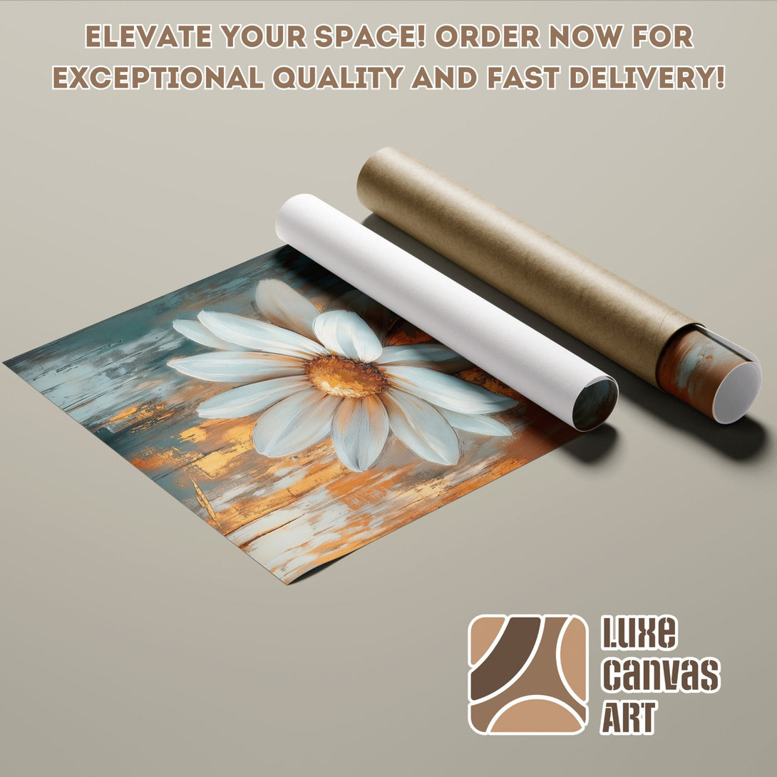 Daisy flower art poster roll, teal, gold, and white color palette. Elevate your space!
