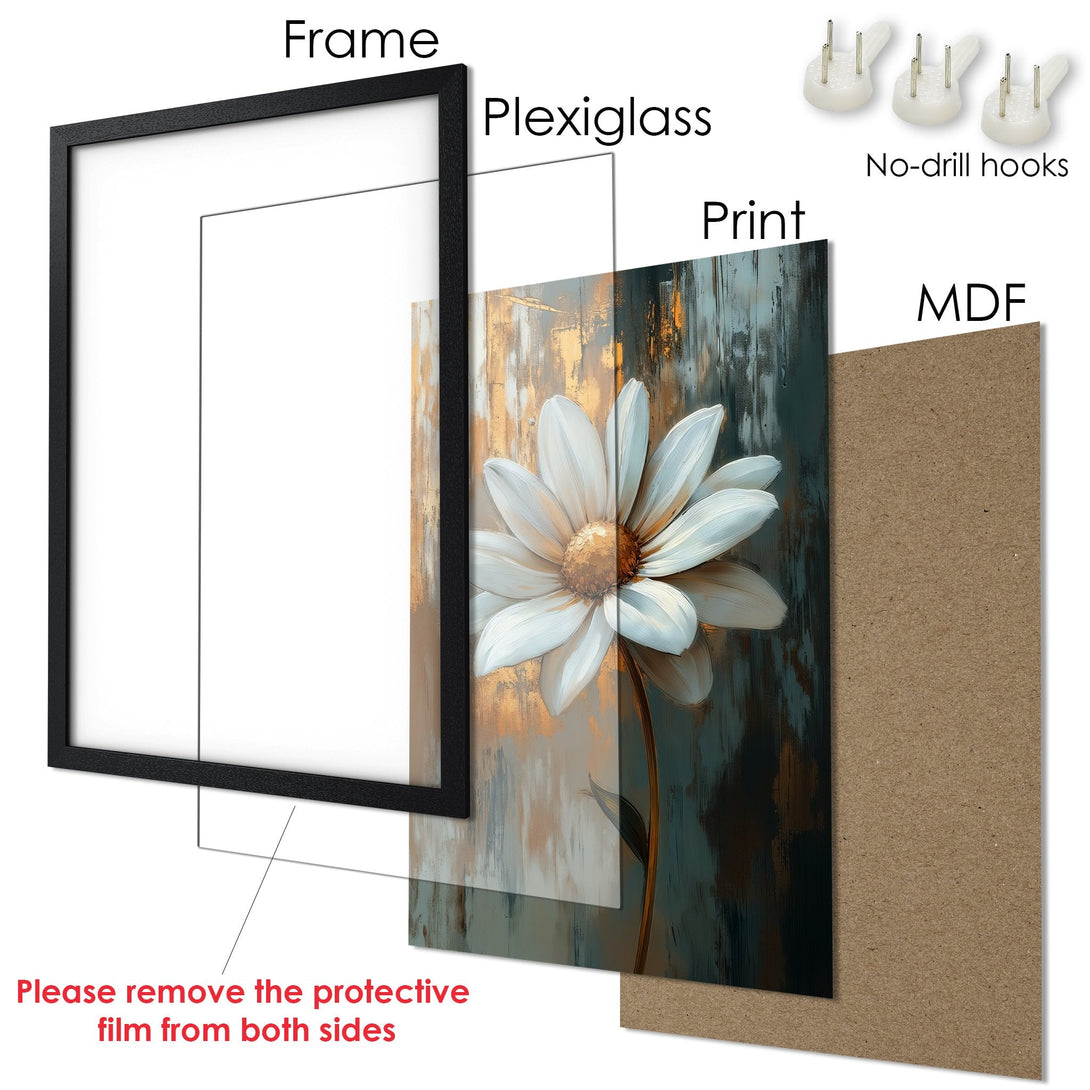 Framed Poster featuring a white flower painting in an abstract style with a teal and gold color palette. Perfect wall art!