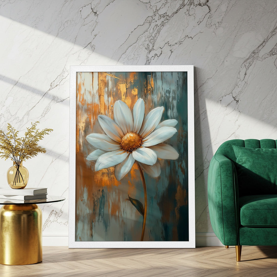 Framed Poster of a white daisy in an abstract style with a teal, gold, and white color palette. Perfect wall art for your home!