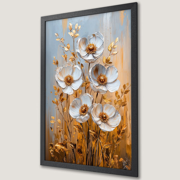 Framed Poster featuring white floral art with gold accents on a warm, textured background. Modern style, elegant decor.