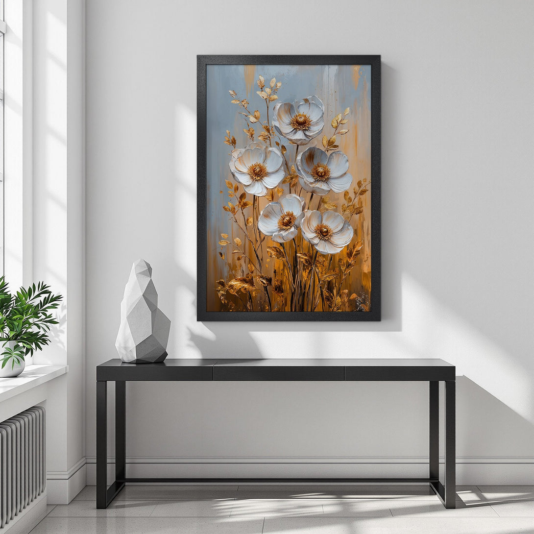 Framed Poster featuring white floral art with gold accents. Modern style, warm color palette. Perfect wall decor!