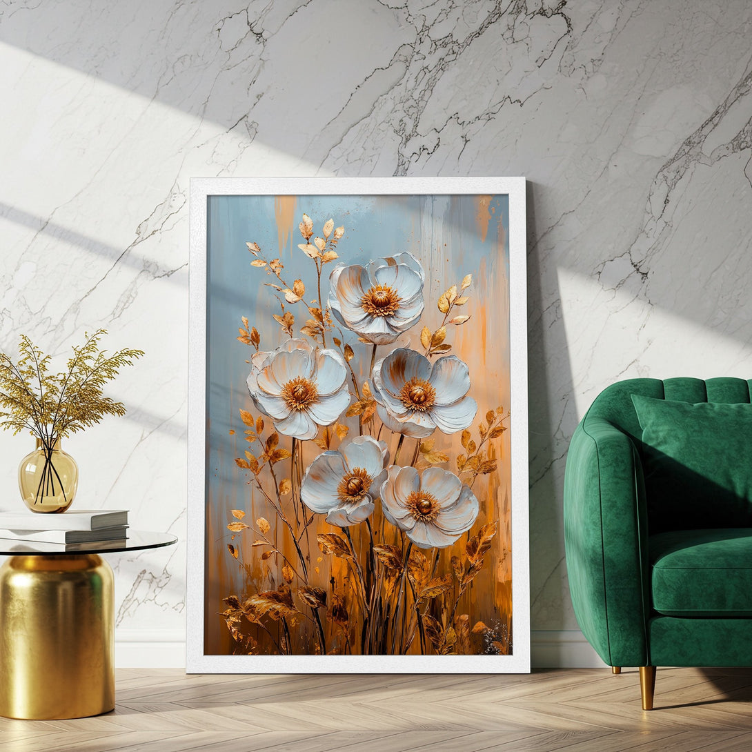 Framed Poster featuring white floral art with gold accents, warm color palette for elegant home decor.