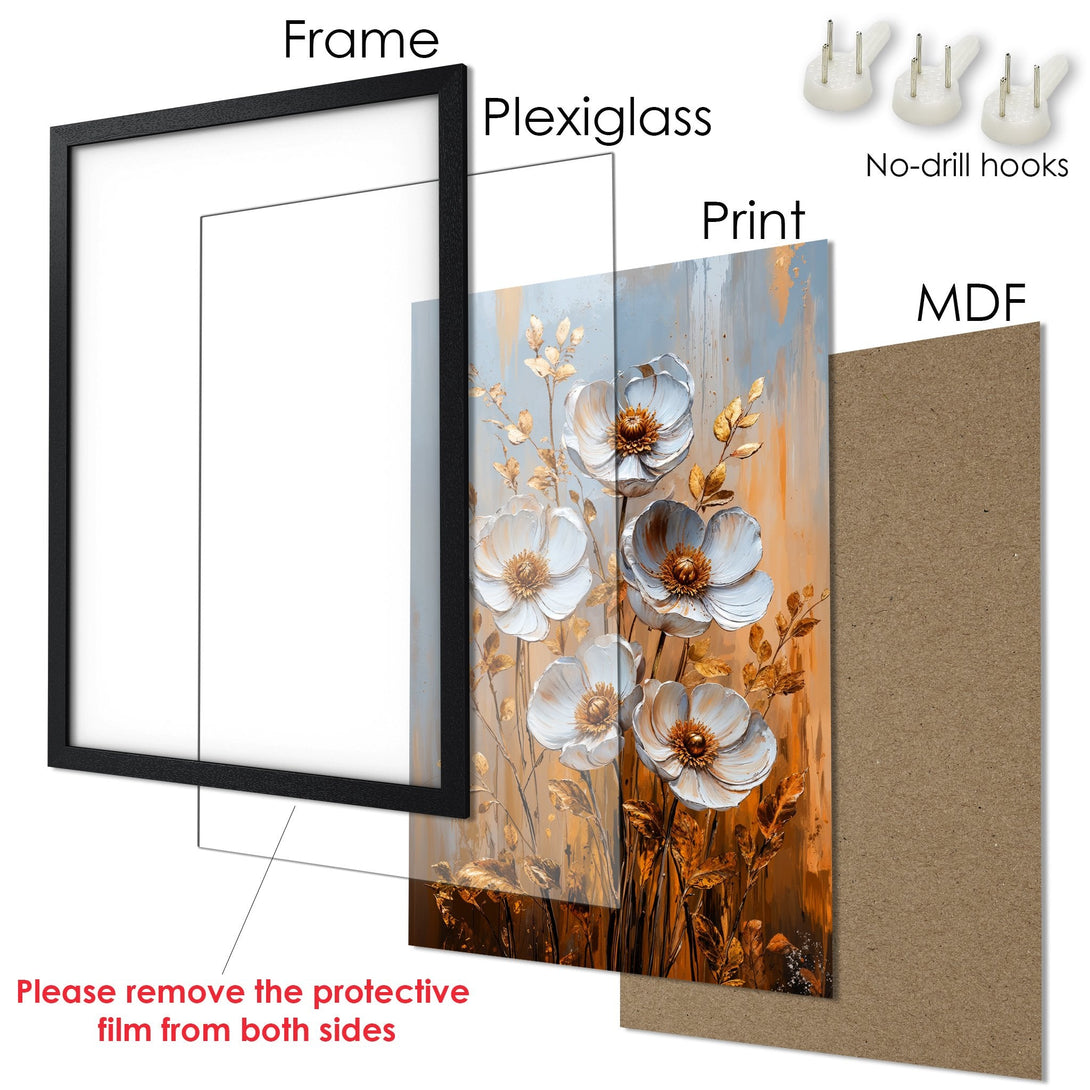 Framed Poster featuring a floral art print in a modern style with a warm, earthy color palette. Perfect wall decor!