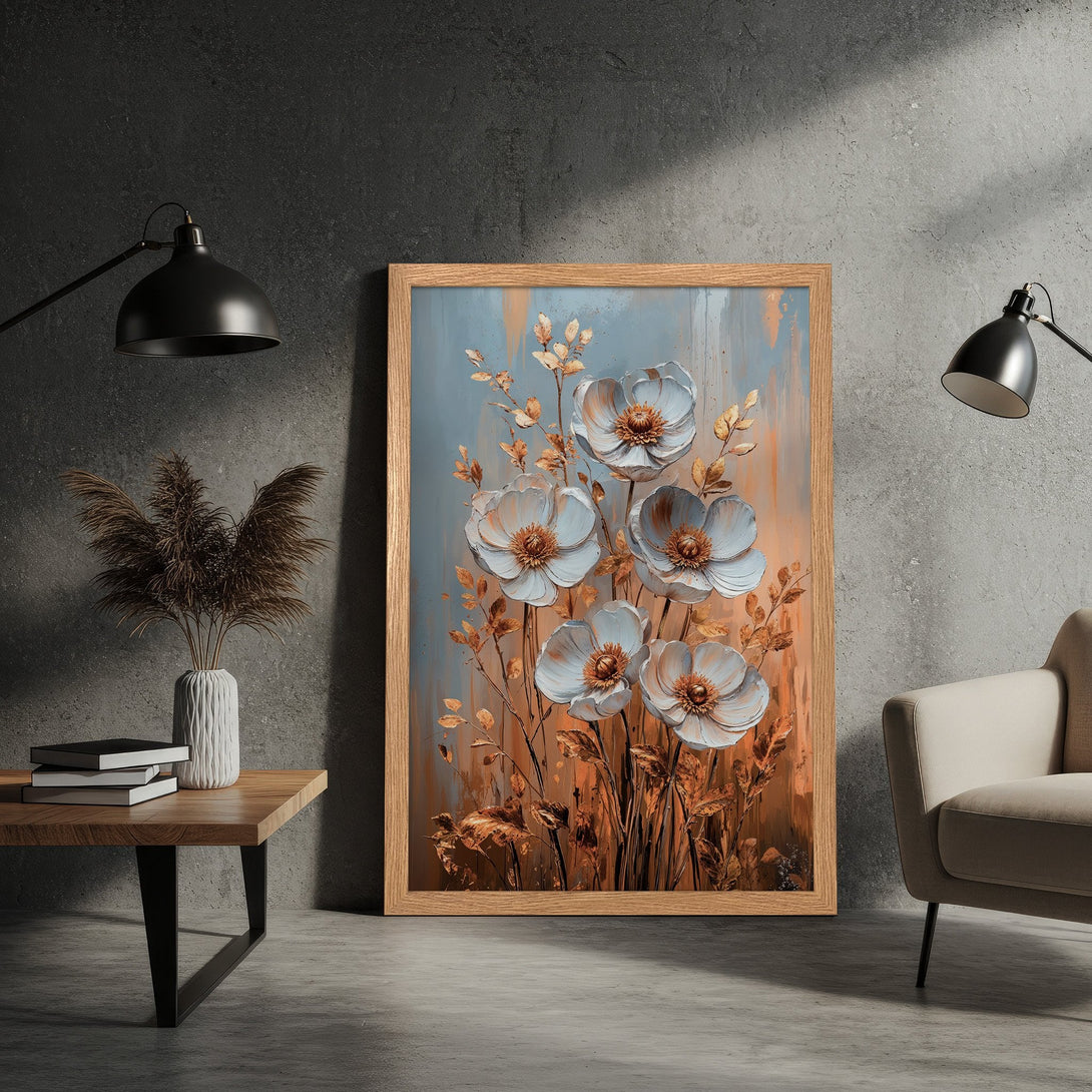 Framed Poster featuring abstract floral art in a warm color palette. Perfect wall decor for a modern living space.