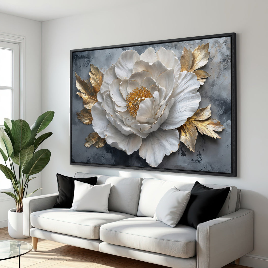 Framed Wall Art: Elegant white peony with gold accents on a gray background. Modern floral art for home decor. Neutral color palette.