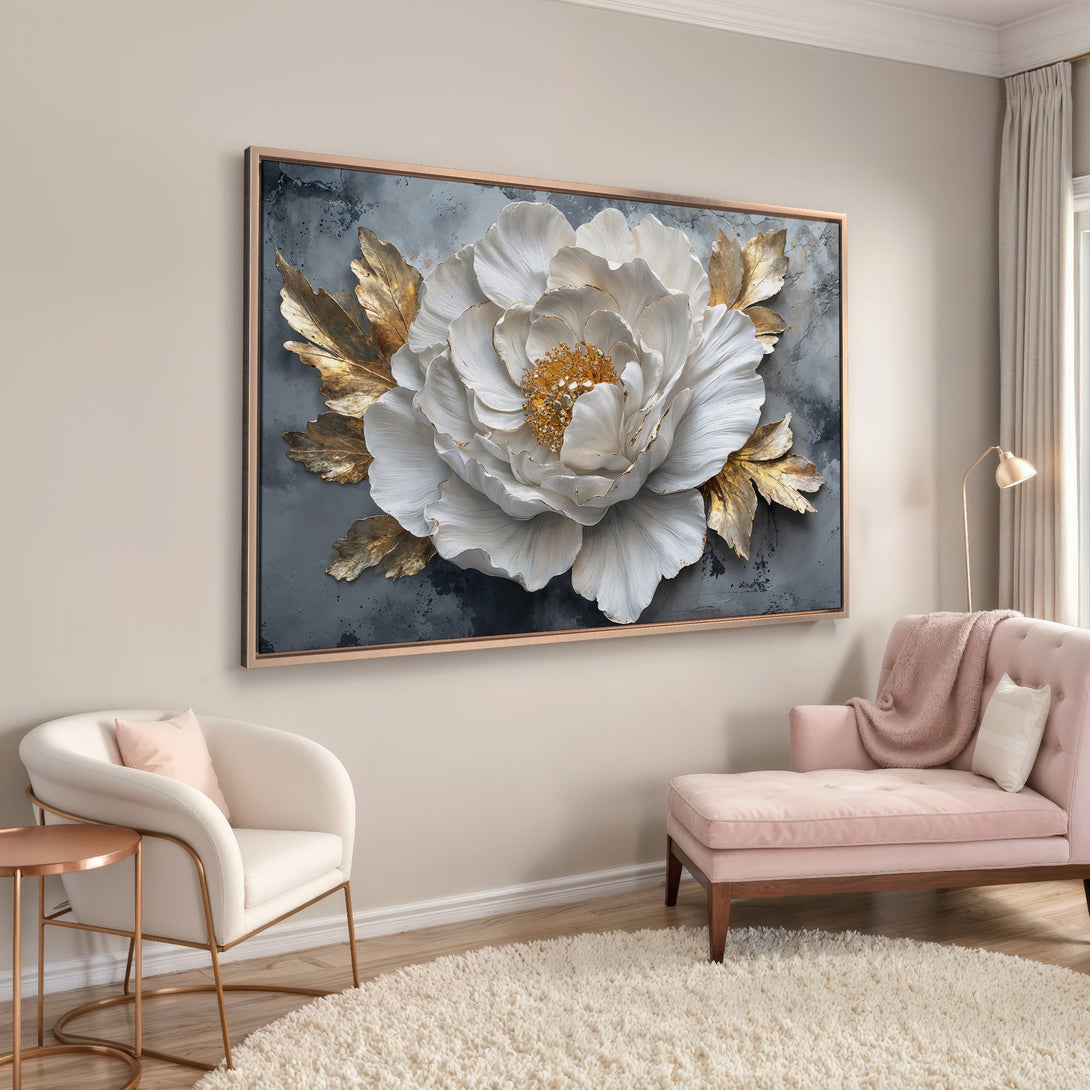 Framed Wall Art: Elegant white floral Canvas Print with gold accents. Modern style, neutral and blush color palette, perfect for home decor.