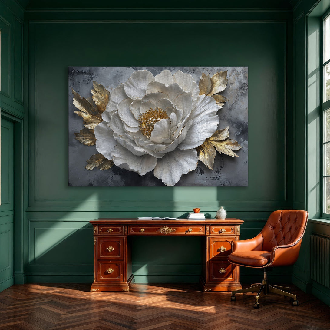 Framed Wall Art: Luxurious white flower with gold accents on a gray background. Modern, elegant decor for your home.