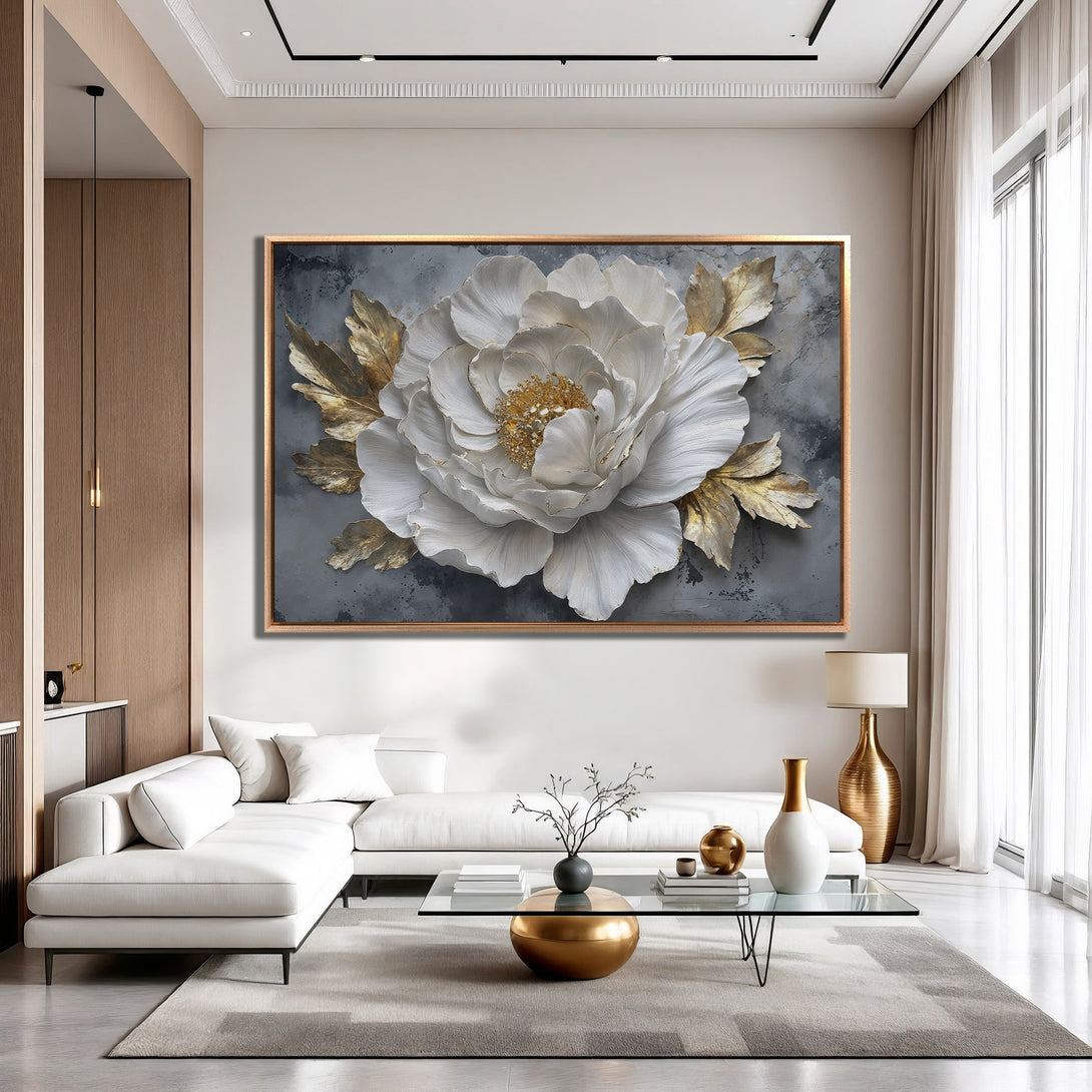 Framed Wall Art: Elegant white peony canvas print with gold accents in a modern living room. Neutral gray, white, and gold color palette.