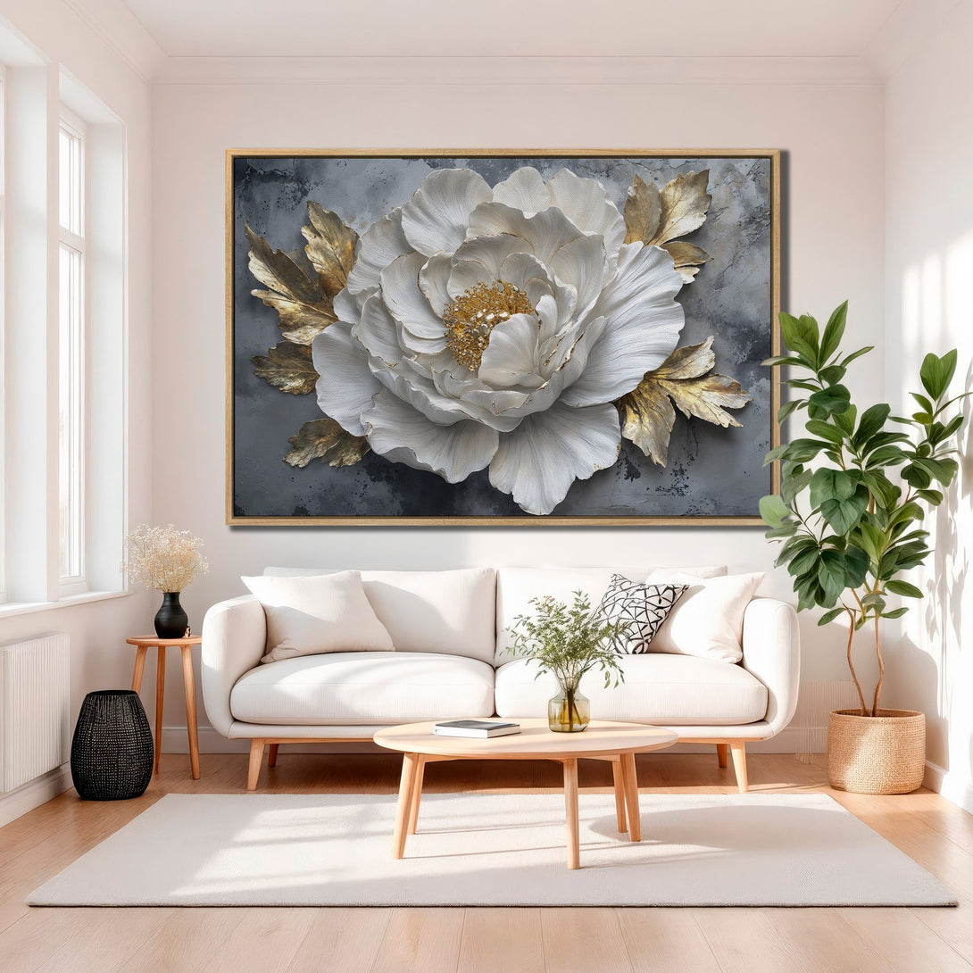 Framed Wall Art: Elegant white flower canvas print with gold accents, perfect for modern home decor. Neutral color palette adds sophistication.