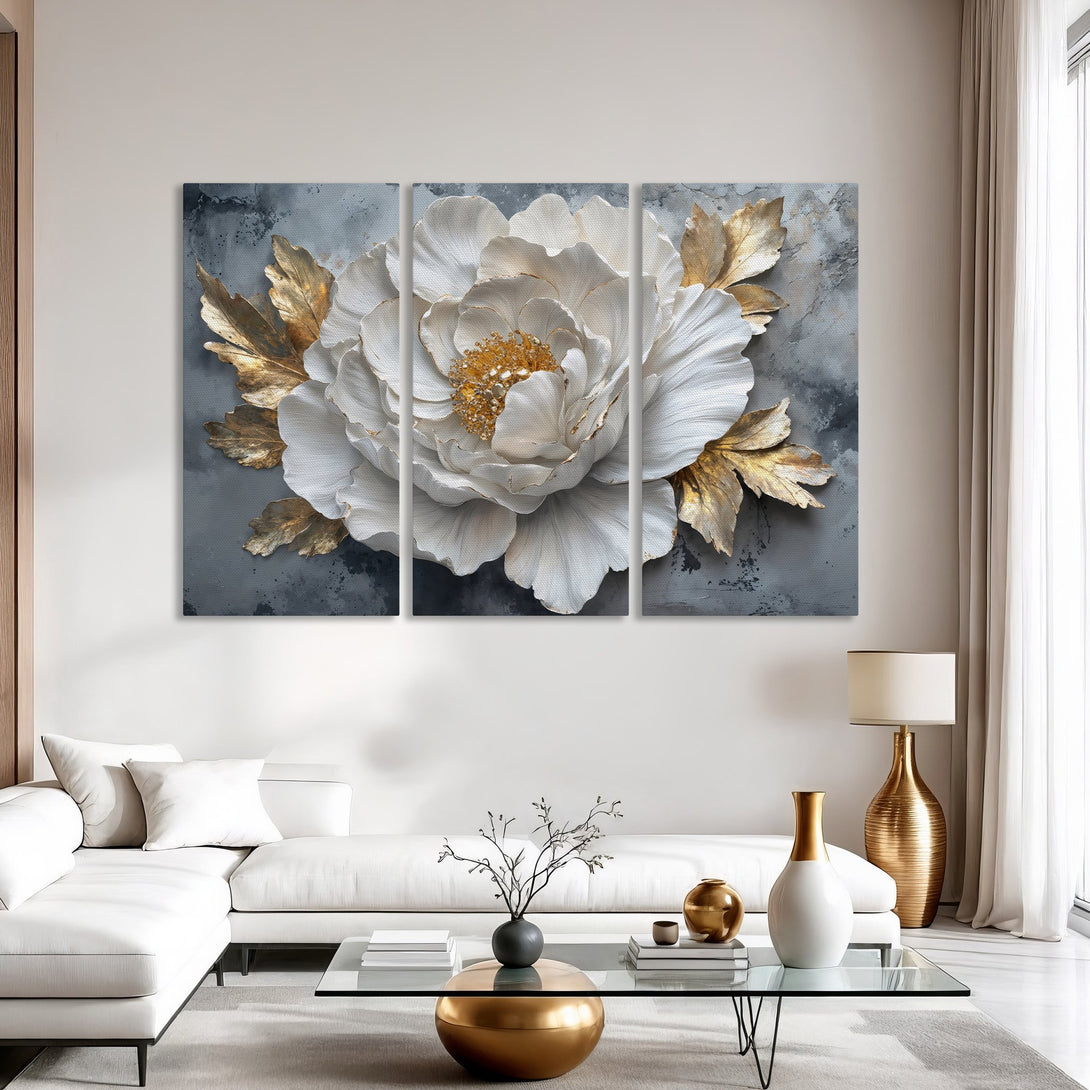 Canvas Print of a white floral artwork with gold accents, modern style, set against a gray background. Elegant wall decor.