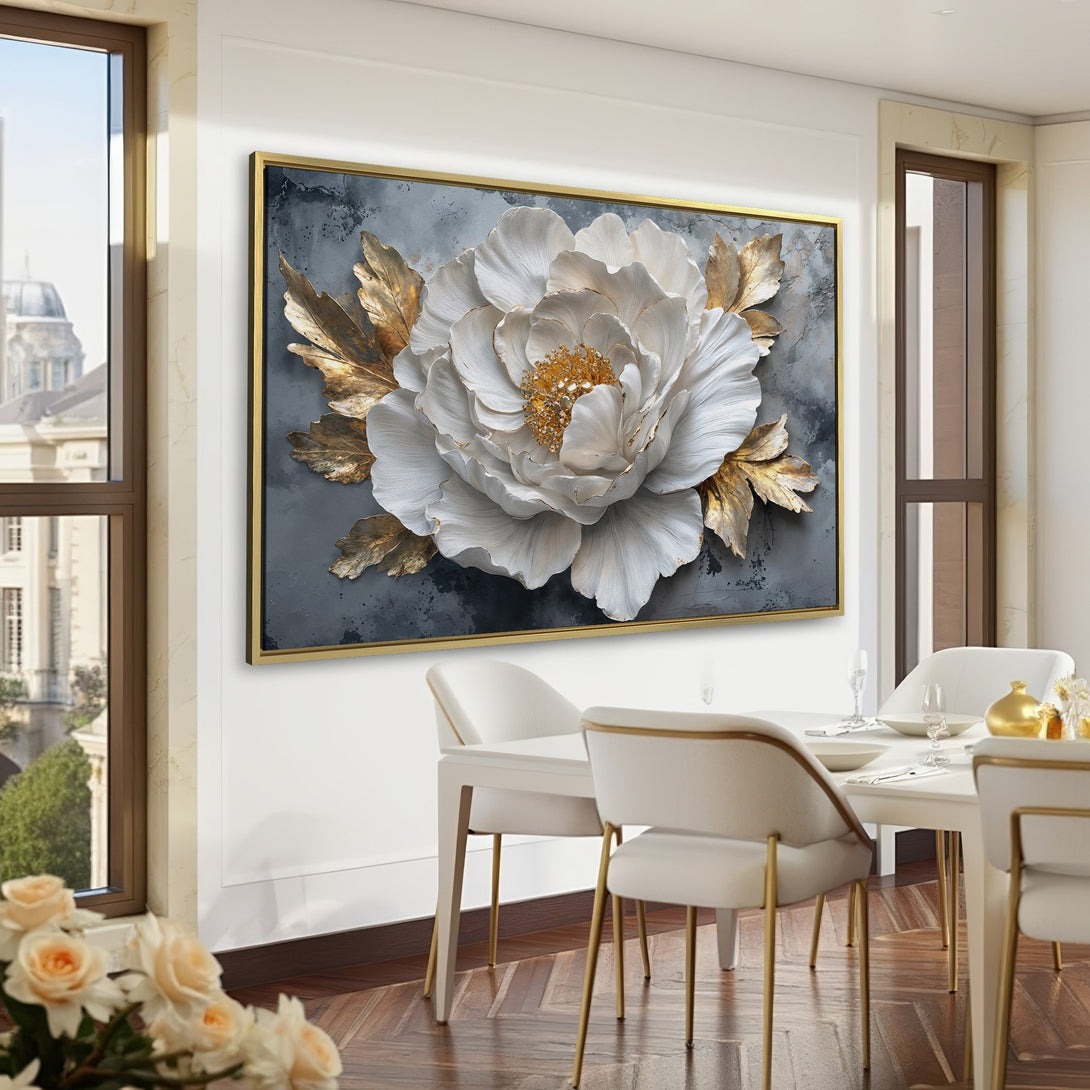 Canvas Print: Elegant floral art in white and gold, displayed in a sophisticated green interior. Perfect for adding a touch of luxury.