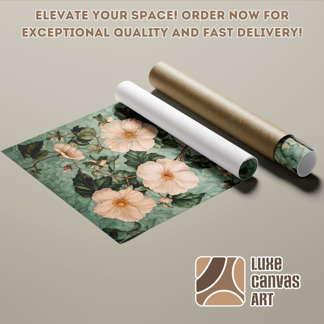 Floral Poster Roll art in soft green and peach tones. Elevate your space with this beautiful poster!