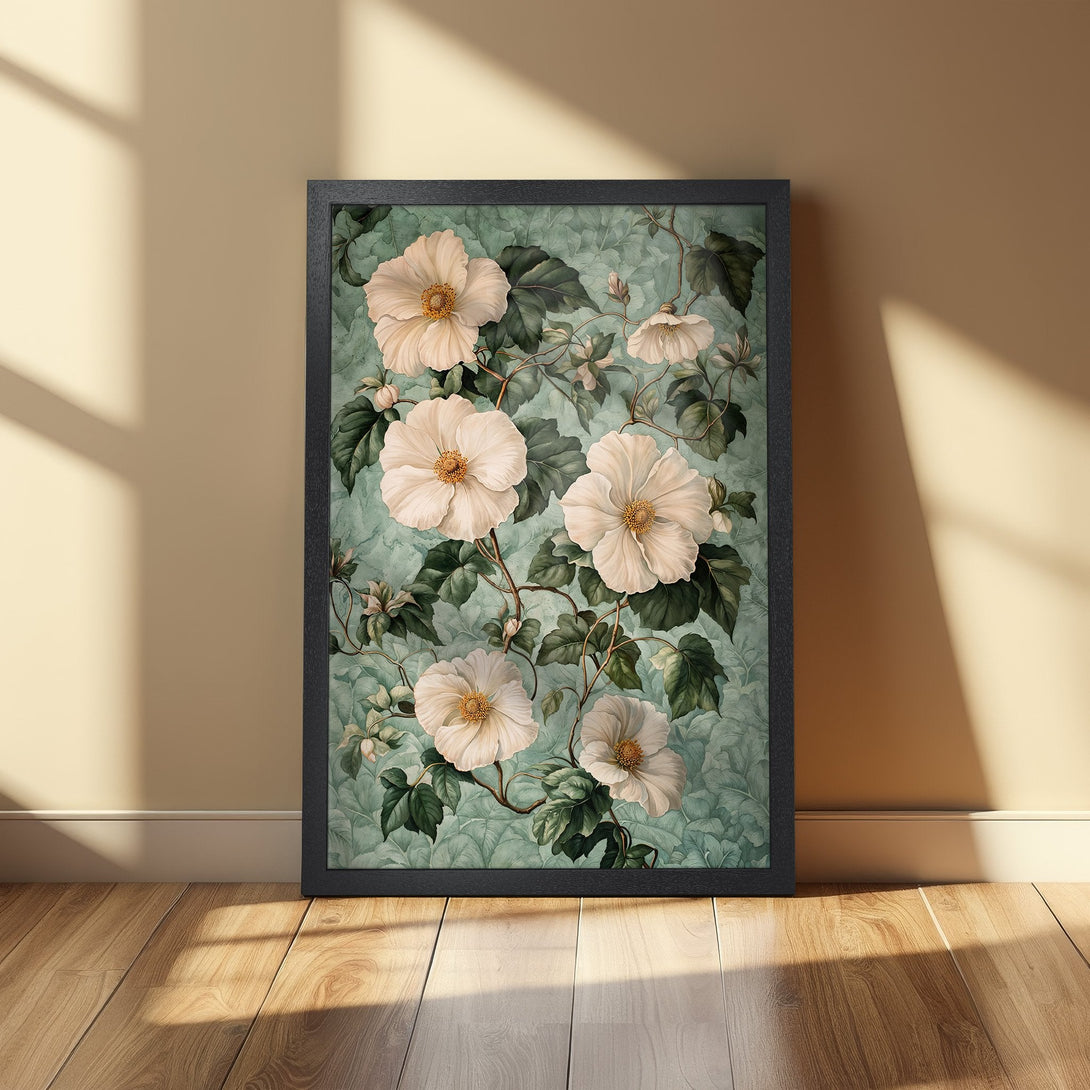 Framed Poster featuring elegant white floral art on a teal background. Botanical style with a soft, neutral color palette. Perfect wall decor!