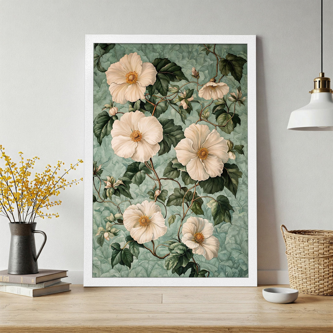 Framed Poster featuring elegant floral art in a vintage style with a soft green and cream color palette. Perfect wall decor!