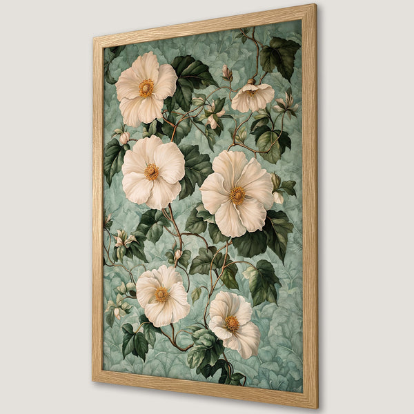 Framed Poster featuring elegant white floral art with a vintage style and a serene green and cream color palette. Perfect wall decor!