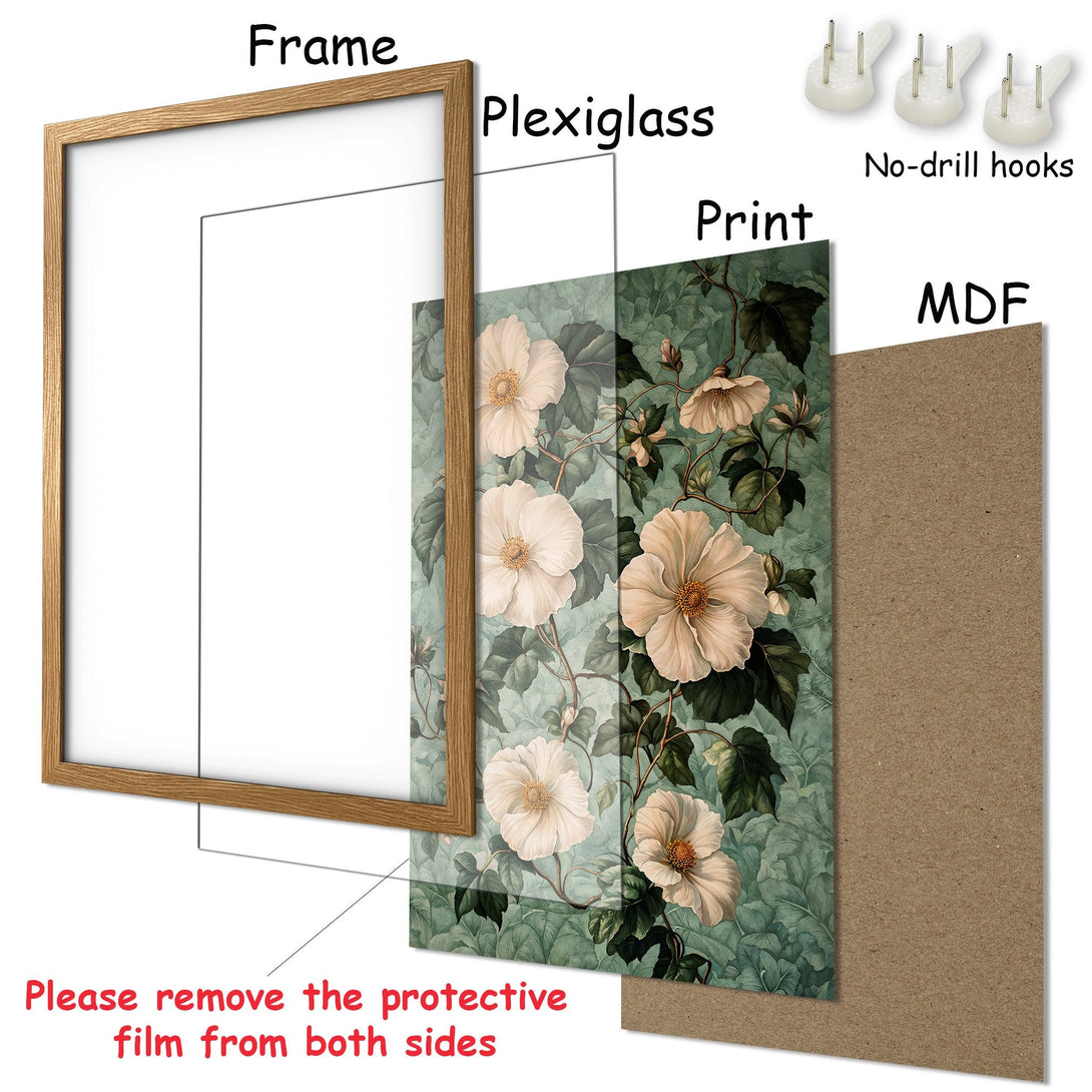 Framed Poster featuring floral art in a vintage style with a soft green and cream color palette. Perfect wall decor!