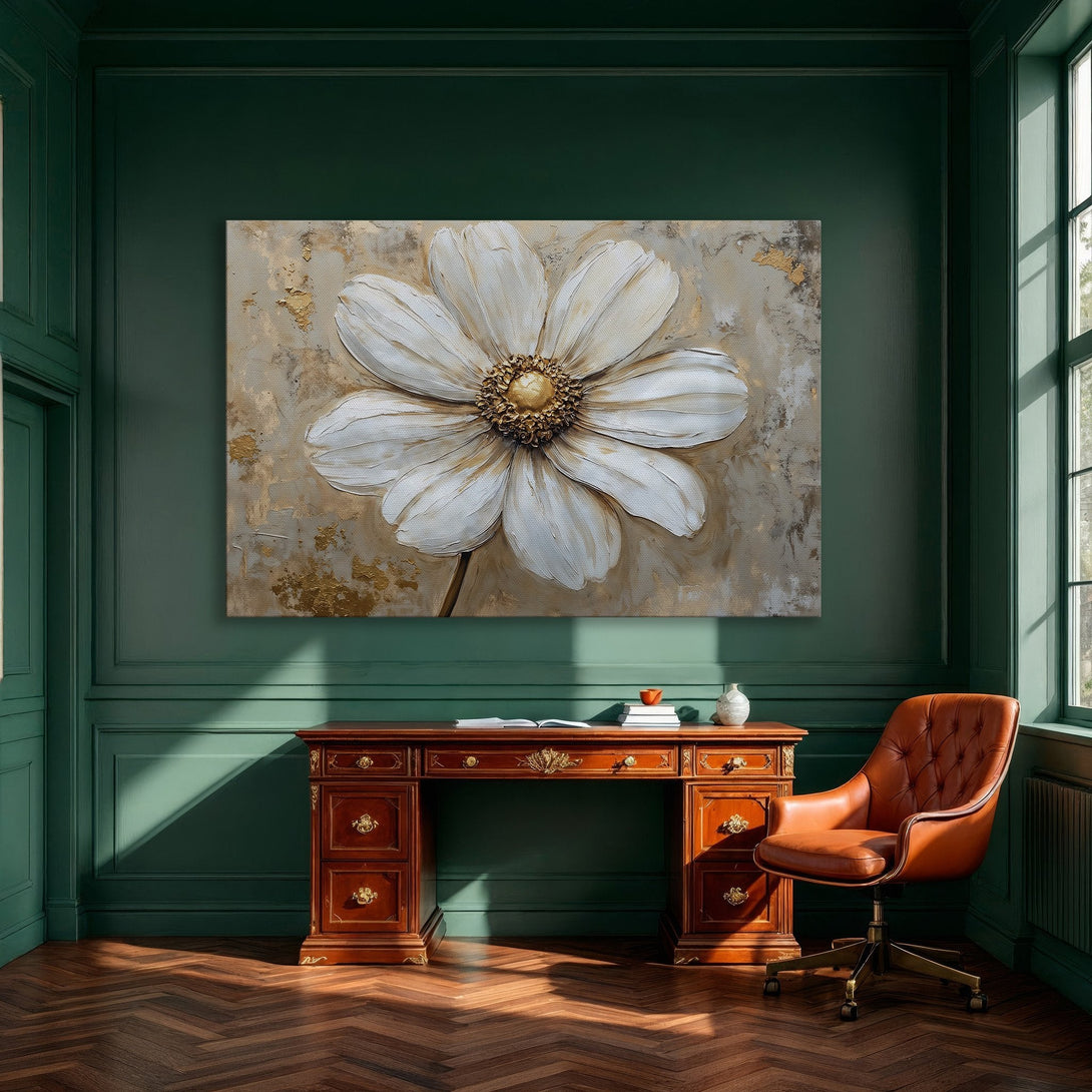 Framed Wall Art: Elegant white flower painting with gold accents. Modern art decor in a dining room, neutral color palette. Elevate your space!