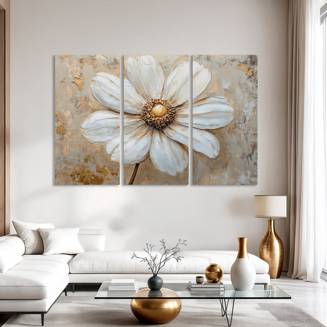 Canvas Print featuring a large, textured white flower with gold accents. Neutral color palette, perfect for modern home decor.
