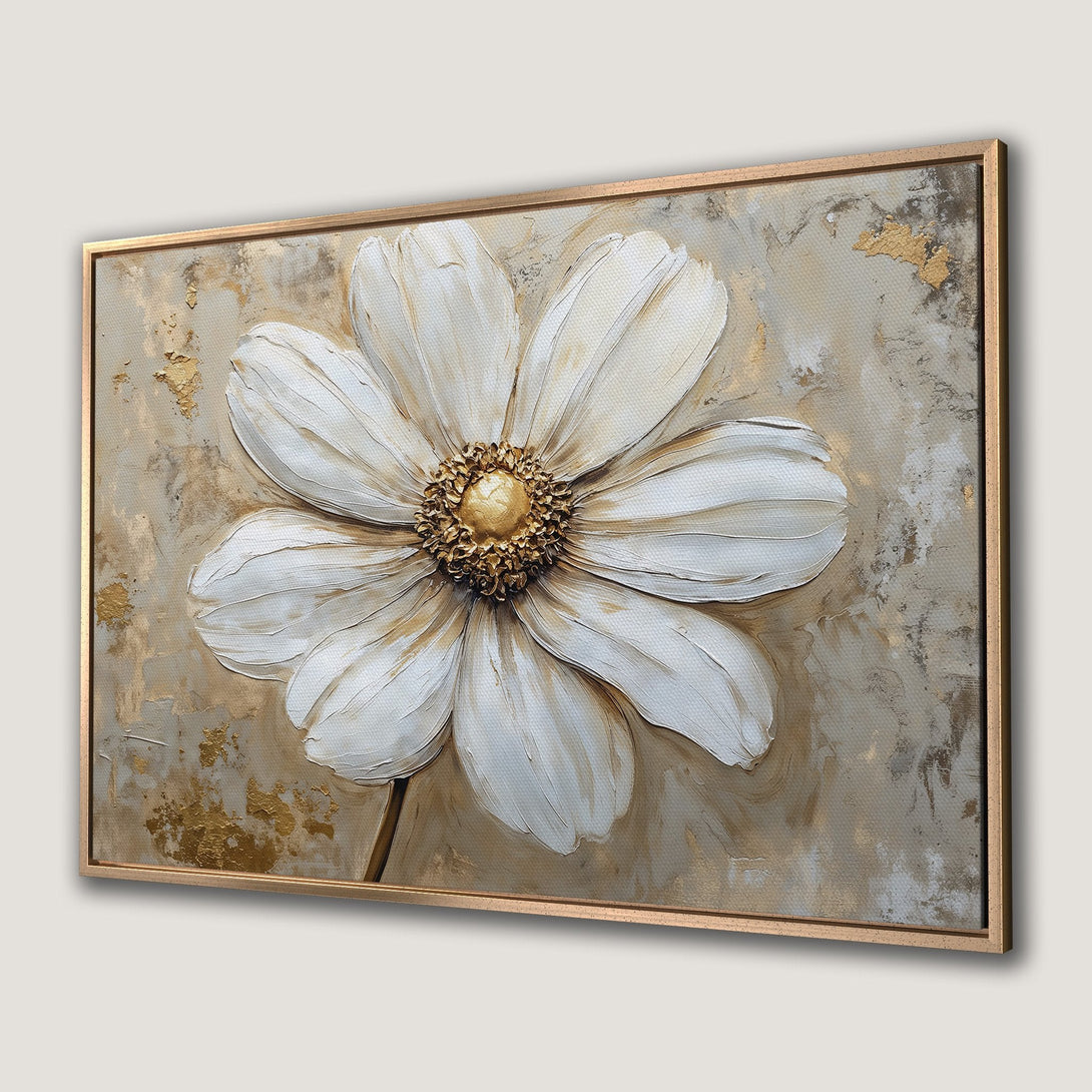 Framed Wall Art: Textured white flower painting with gold accents on a neutral background. Elegant, modern decor in a warm color palette.