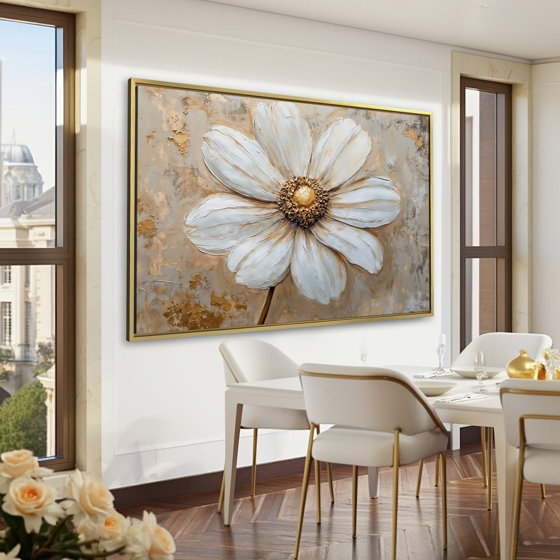 Canvas Print of a white flower in an elegant interior. Textured, modern art with gold accents, set against a green wall.
