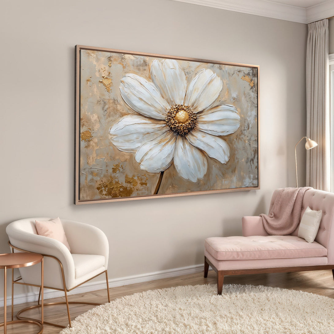 Framed Wall Art featuring a large white flower with gold accents. Modern, textured canvas print in a neutral, warm color palette. Perfect for living room decor!