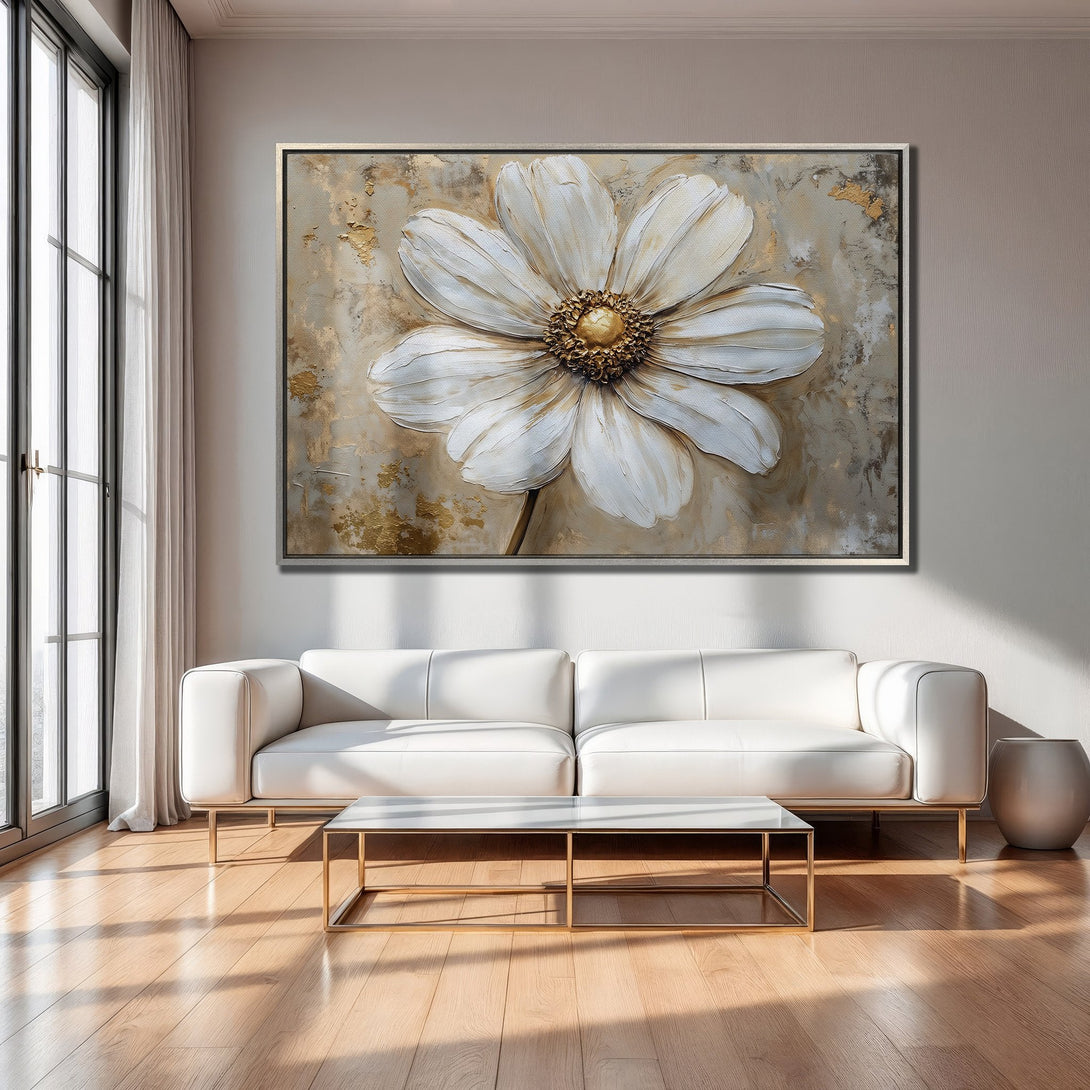 Framed Wall Art: Large white flower painting in a neutral color palette. Modern abstract style, perfect for living room decor.