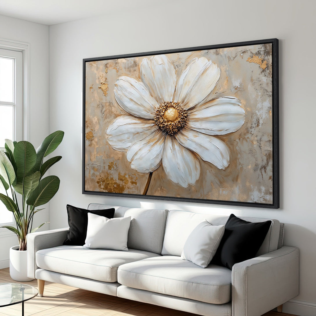 Framed Wall Art: Elegant white flower canvas print with gold accents. Modern art in neutral tones. Perfect for living room decor.