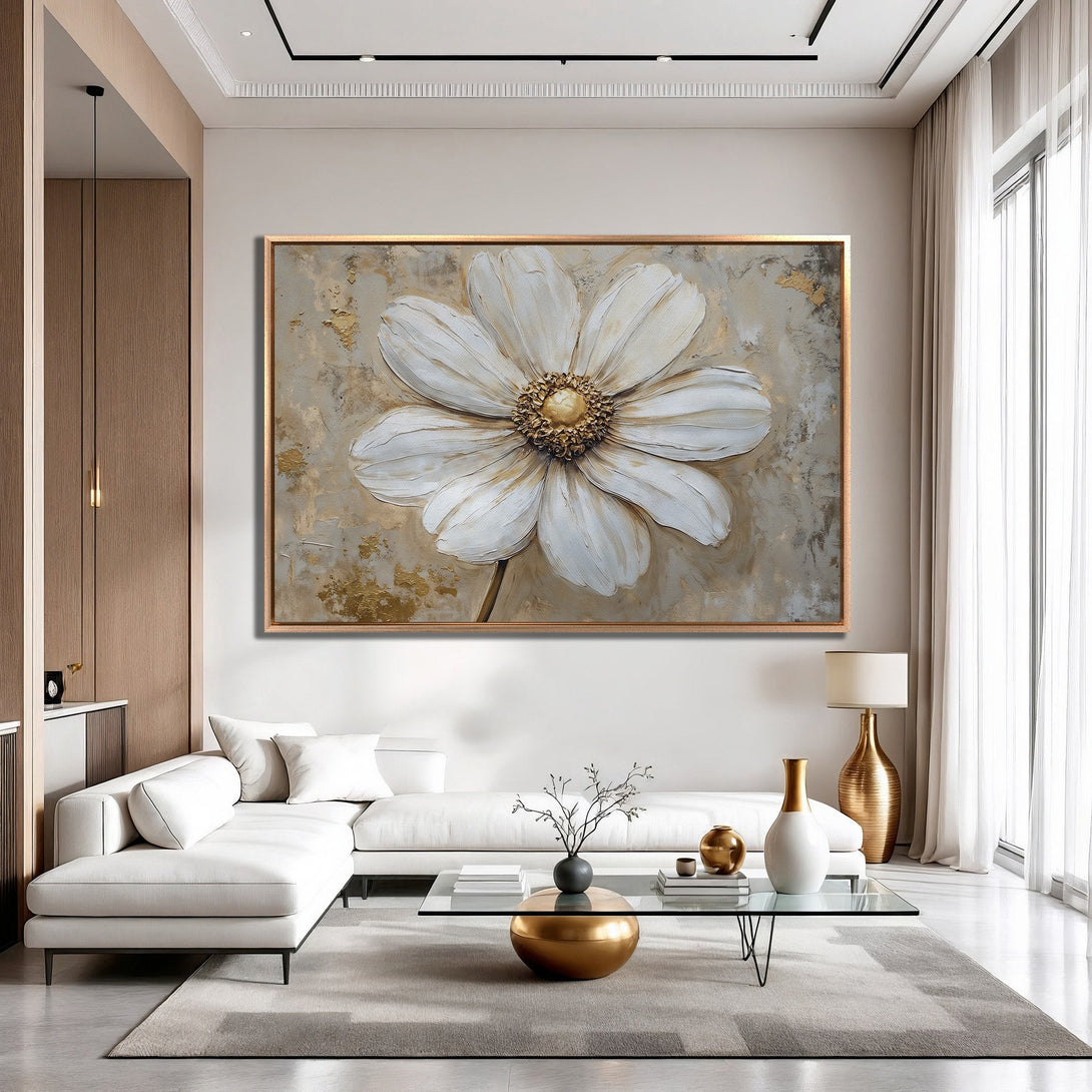 Framed Wall Art: Large white flower painting in a modern style with gold and neutral color palette. Perfect for living room decor.