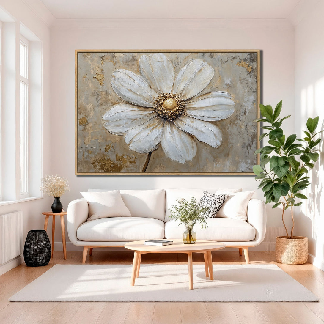 Framed Wall Art: Large white flower painting in a neutral color palette. Modern floral canvas print adds elegance to any living room decor.