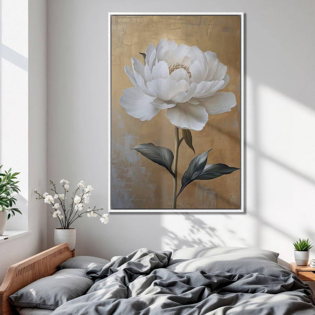 Framed Wall Art: Elegant white peony canvas print with gold and grey abstract background, perfect for bedroom decor. Modern floral art in neutral tones.