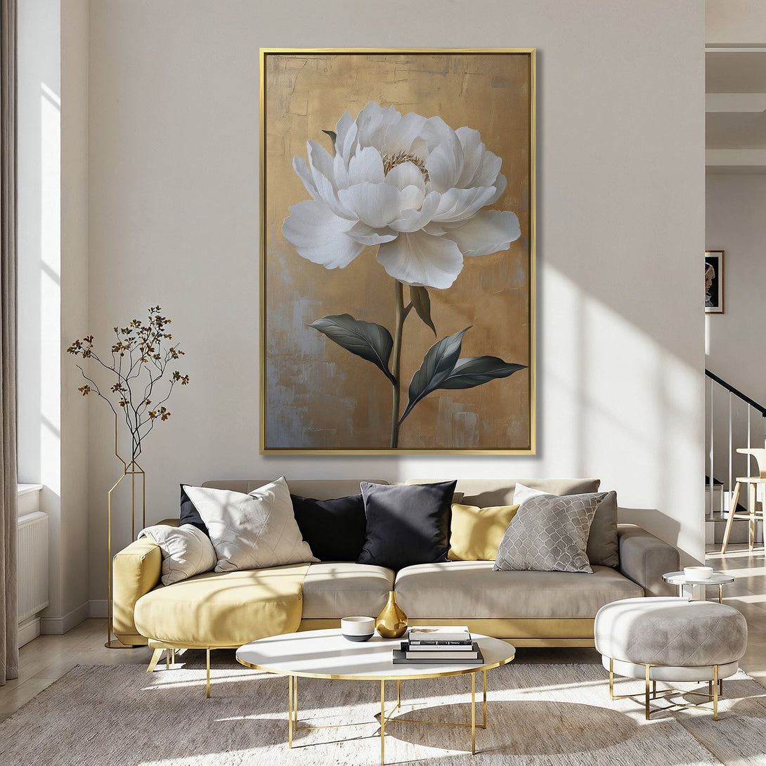 Canvas Print of a large white peony on a gold background. Soft, floral art with a muted pink and gold color palette. Perfect wall decor.