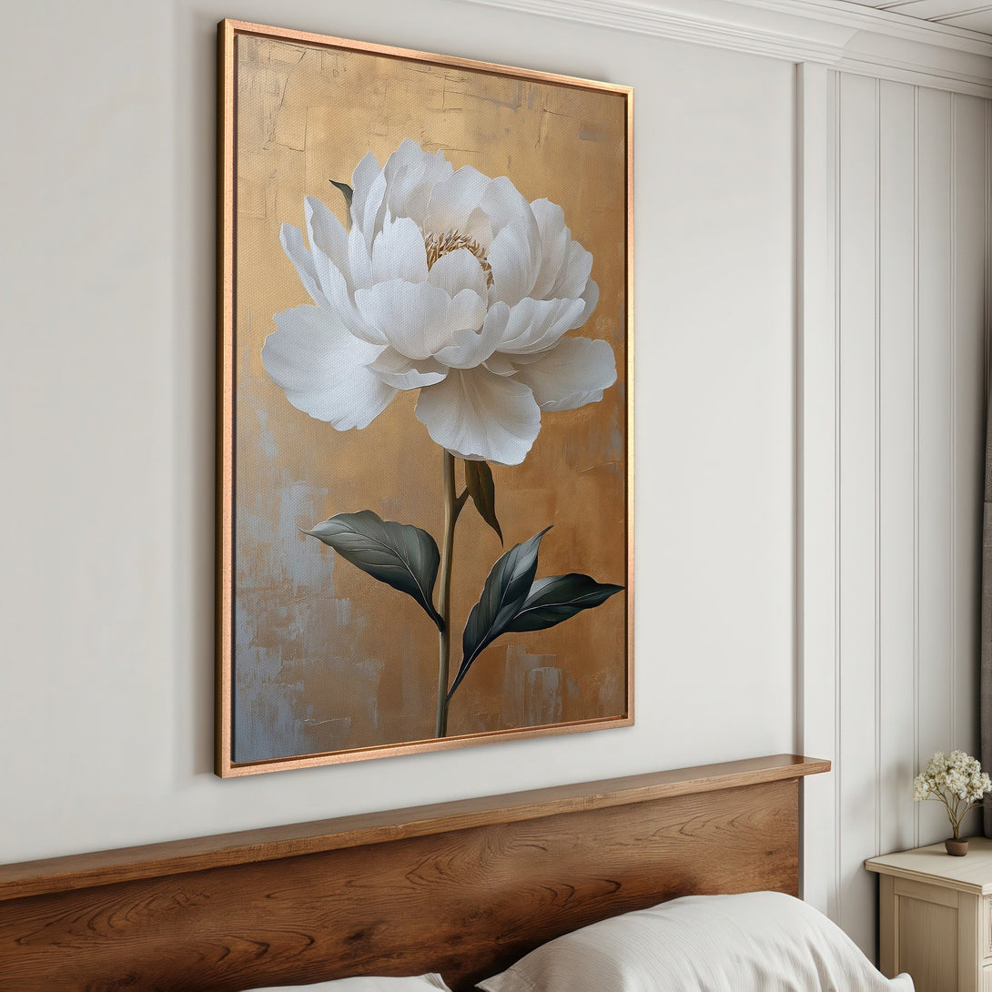 Framed Wall Art: Elegant white peony canvas print in a gold frame. Modern floral art with a neutral, warm color palette, perfect for bedroom decor.