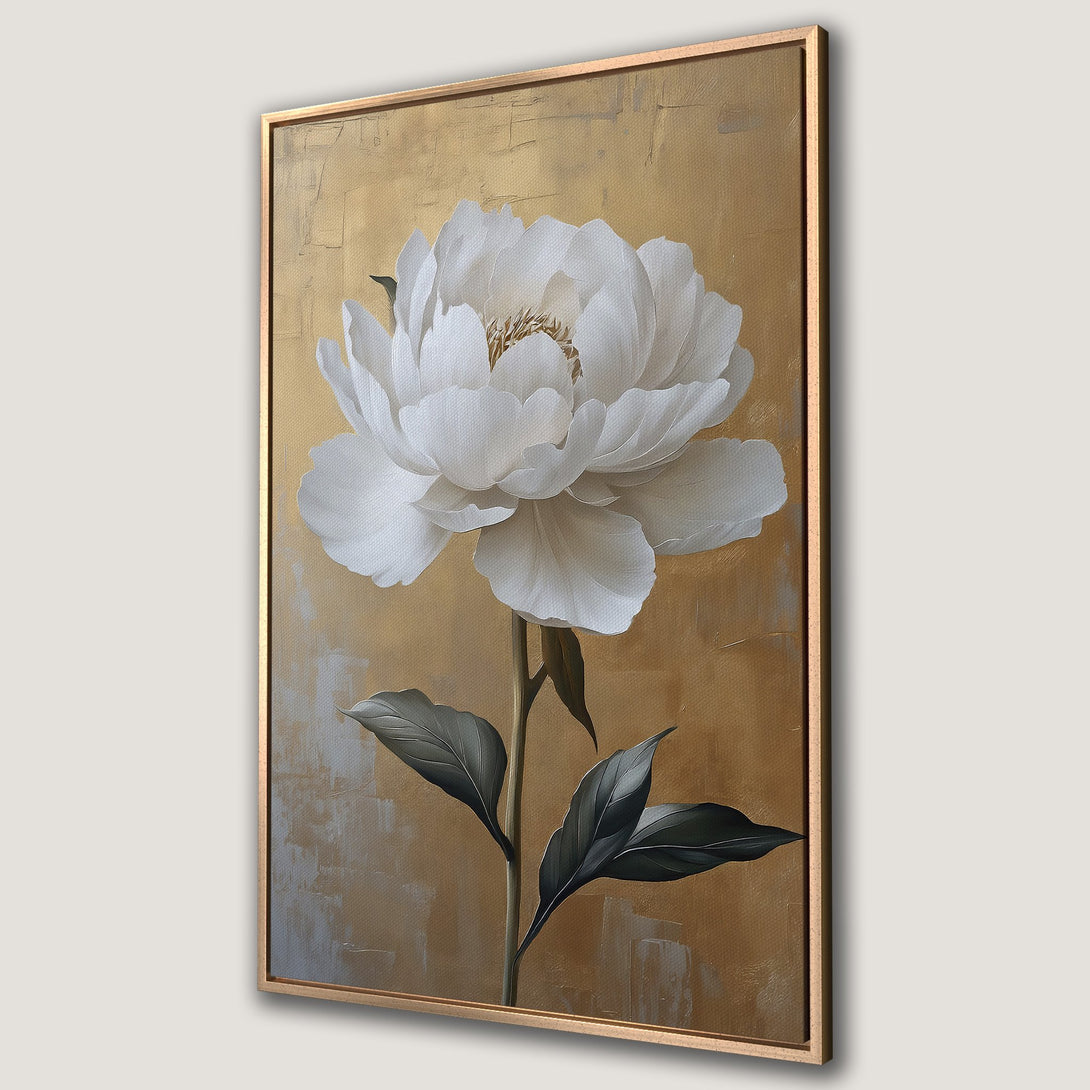 Framed Wall Art featuring a white peony flower. Elegant, modern art with a gold and neutral color palette, perfect for home decor.